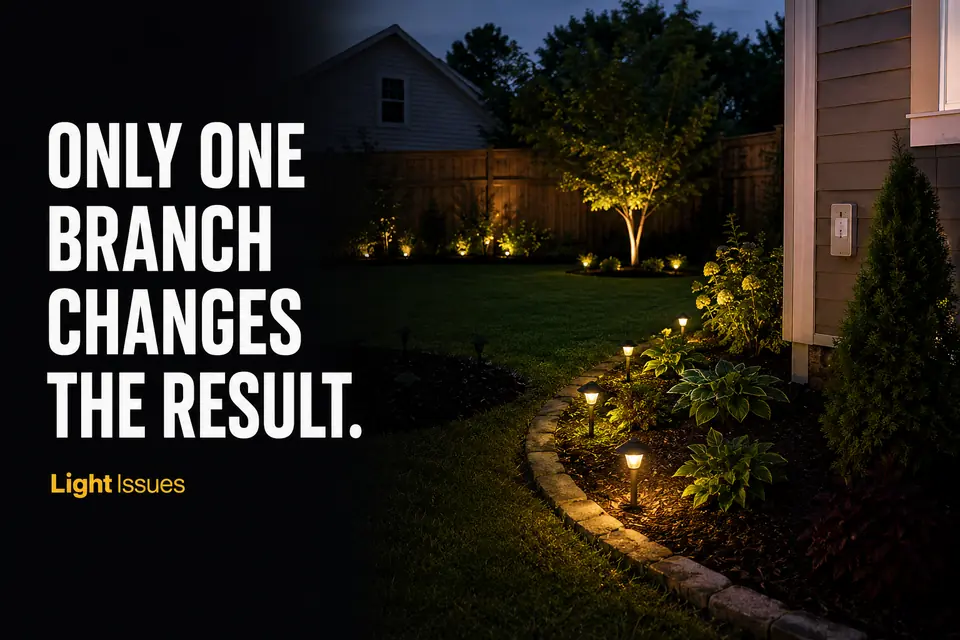 Two outdoor lighting branches remain on while one branch causes the shared GFCI protection to trip.