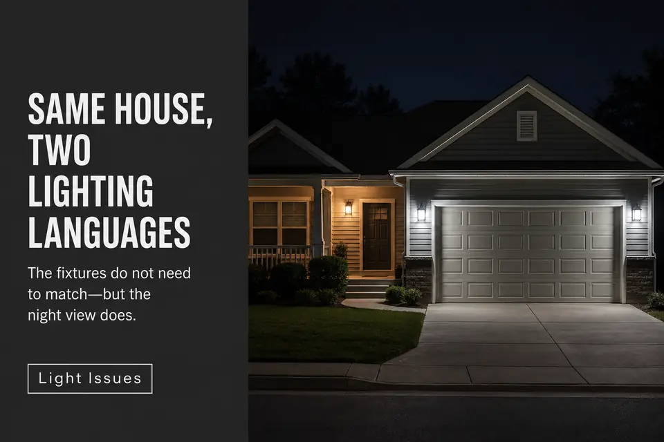 Ordinary home with warm porch lighting and brighter cool garage lights that appear unrelated at night.