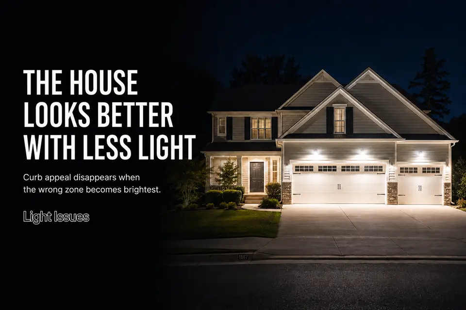 Overly bright garage lighting dominates a home while the front entry and facade lose their nighttime curb appeal.