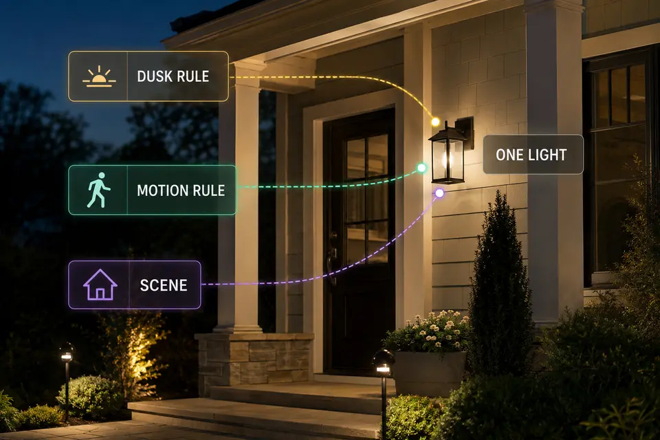Dusk, motion, and scene automations converging on the same outdoor light.
