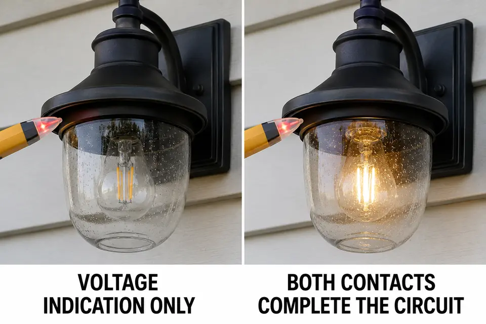 Voltage indication beside a dark bulb compared with a bulb operating through complete center and shell contact.