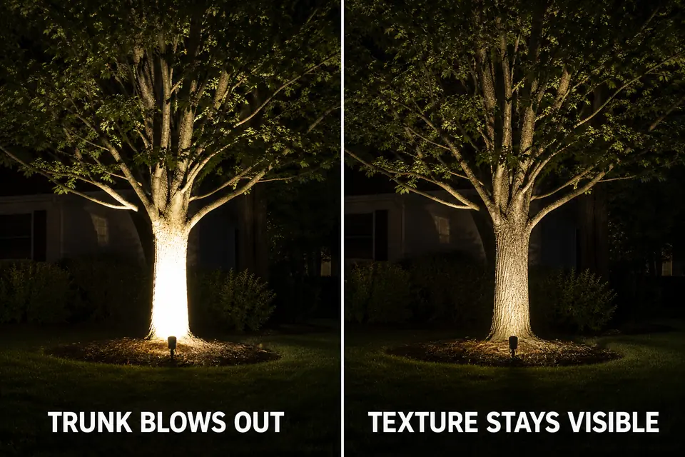 Blown-out tree trunk compared with controlled uplighting that preserves bark texture.