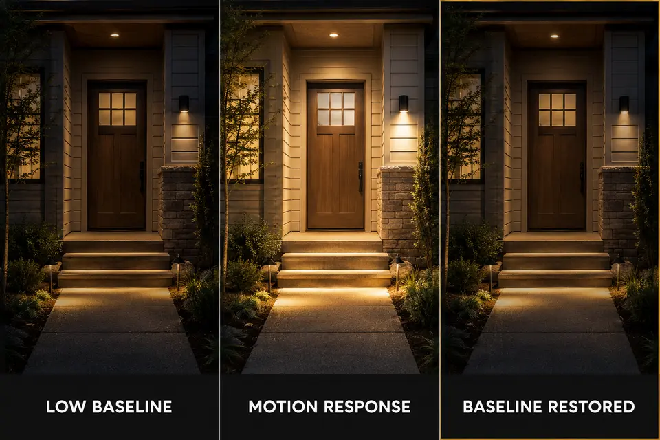 Front entry moving from a low lighting baseline to motion response and back to the original level.