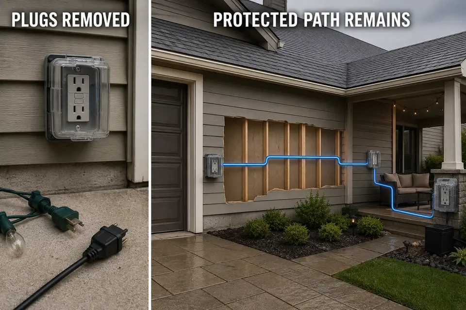 Unplugged outdoor lights beside a GFCI that still protects another exterior receptacle downstream.