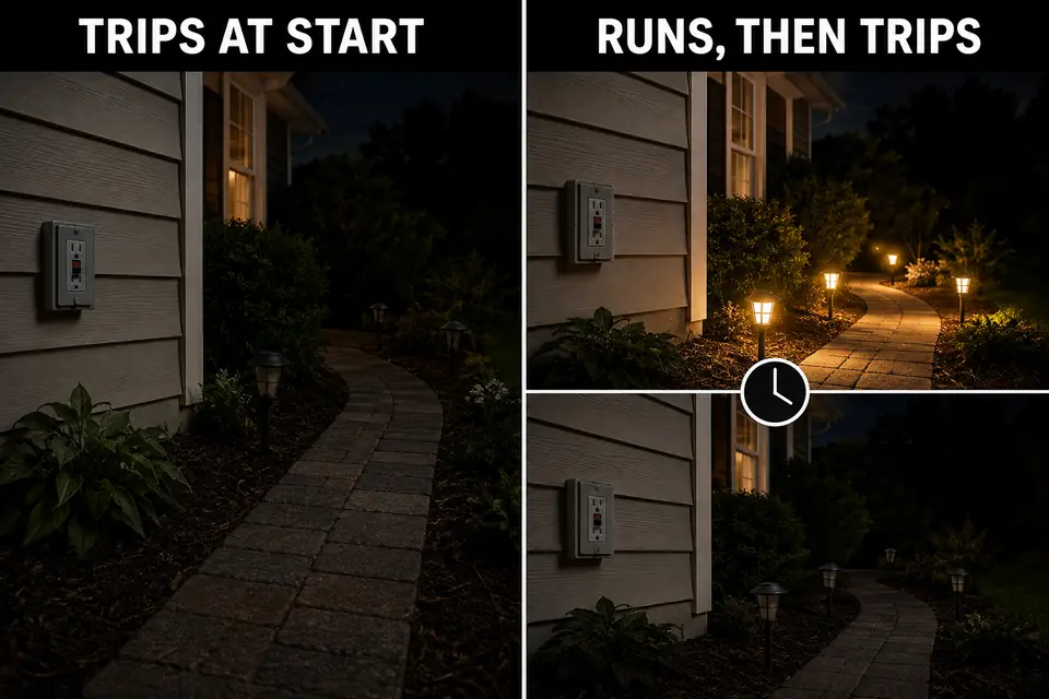 Matched outdoor lights tripping a GFCI at startup and after several minutes of operation.