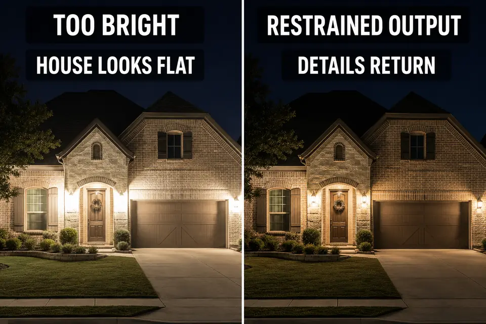The same home appears flat under excessive exterior light and more detailed after the output is restrained.