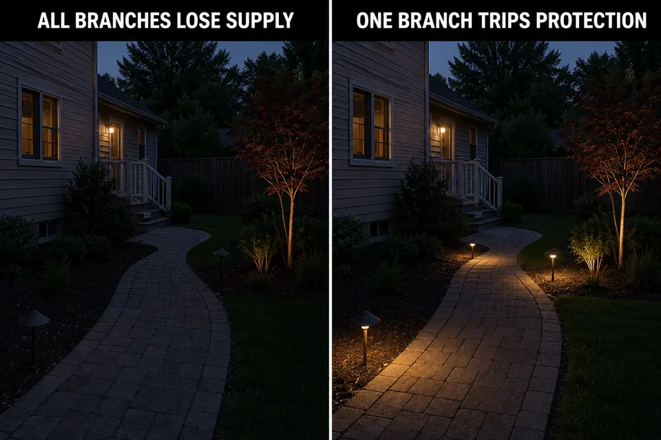 Comparison of a shared outdoor-lighting power loss and a GFCI trip caused by only one branch.