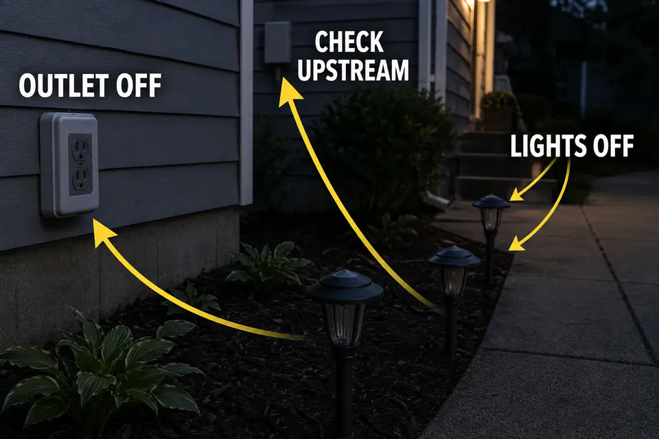 A dead exterior outlet and hardwired outdoor lights traced toward a possible shared upstream point.