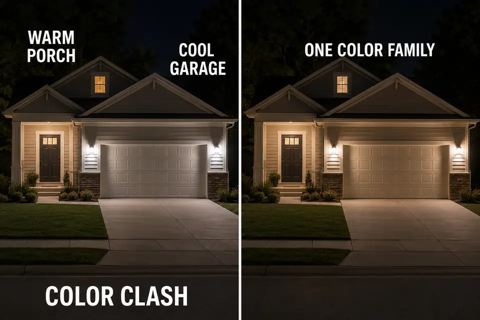 Matched home comparison showing warm porch light clashing with cool garage lights before their color appearance is coordinated.