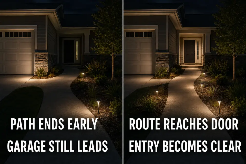Comparison of a front path that visually ends near the garage and one that leads clearly to the front door.