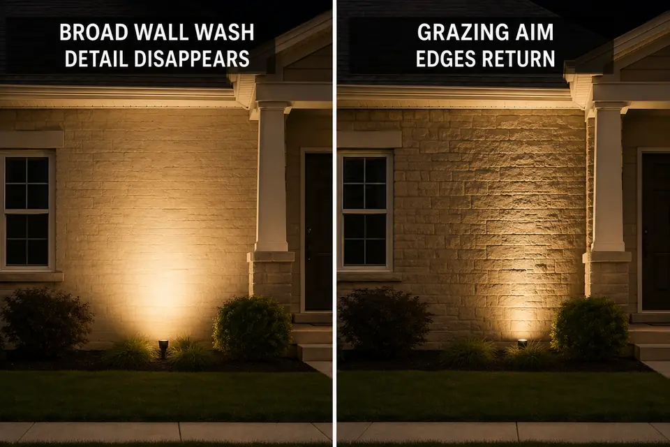 Matched facade comparison showing a broad uplight flattening wall detail and a restrained grazing aim restoring visible edges.