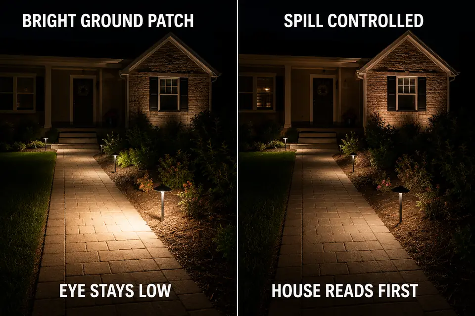 Matched front-walk comparison showing a dominant reflected light patch versus controlled spill that keeps the house prominent.