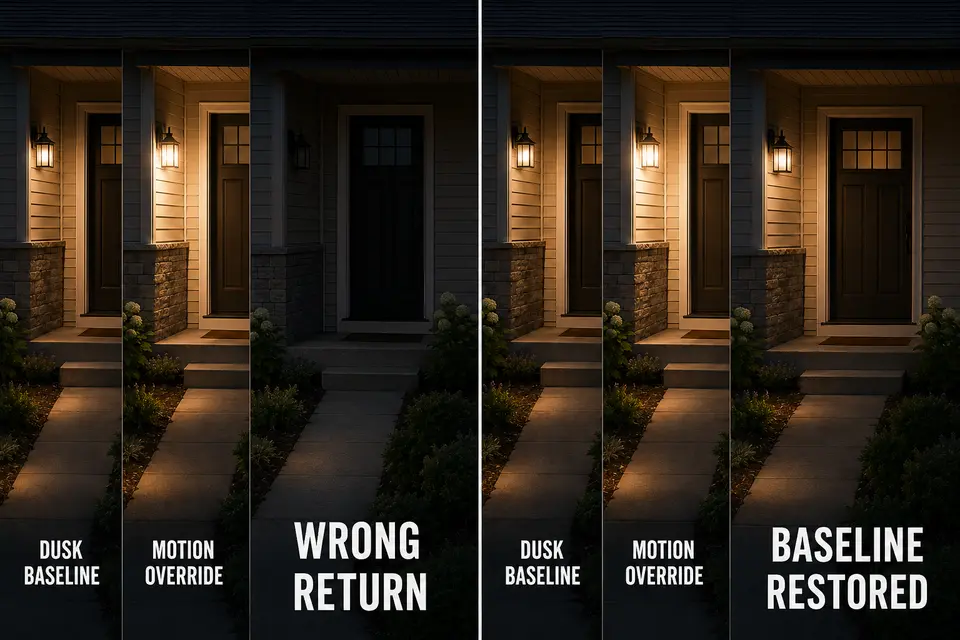 Outdoor entry light staying off after motion compared with returning to its dusk baseline.