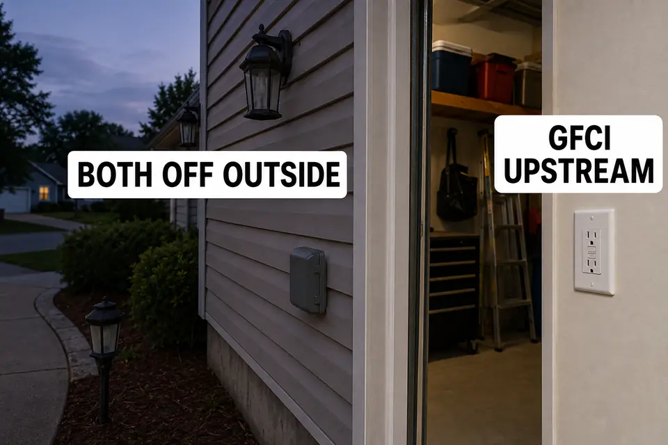 An indoor garage GFCI shown as a possible upstream protector for dead exterior lights and an outlet.