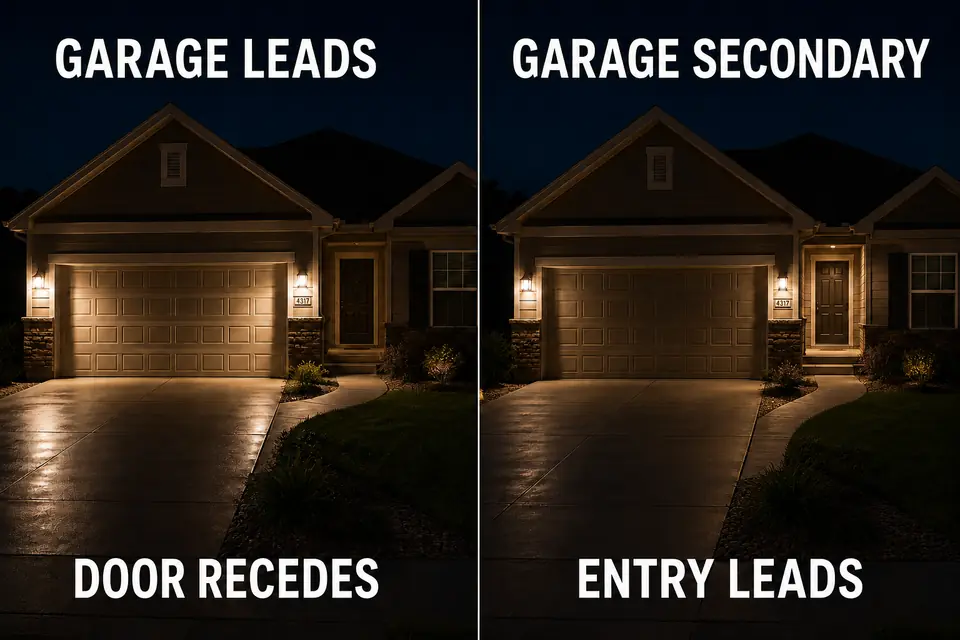 Matched nighttime comparison showing a garage-dominant house and the same house with a clear door-led entry hierarchy.