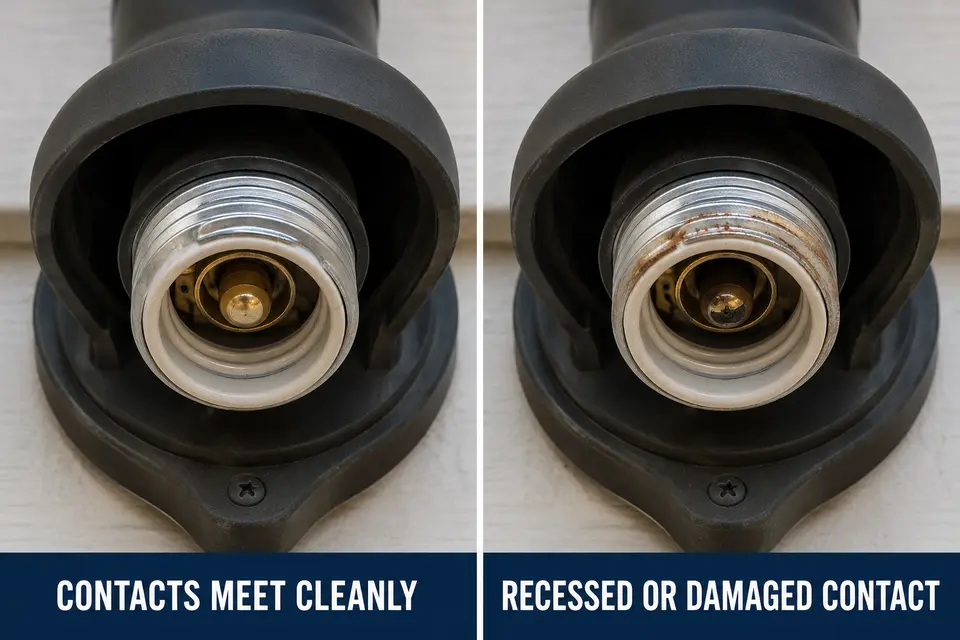 Healthy outdoor light socket contacts compared with a recessed, heat-darkened center contact and corroded threaded shell.
