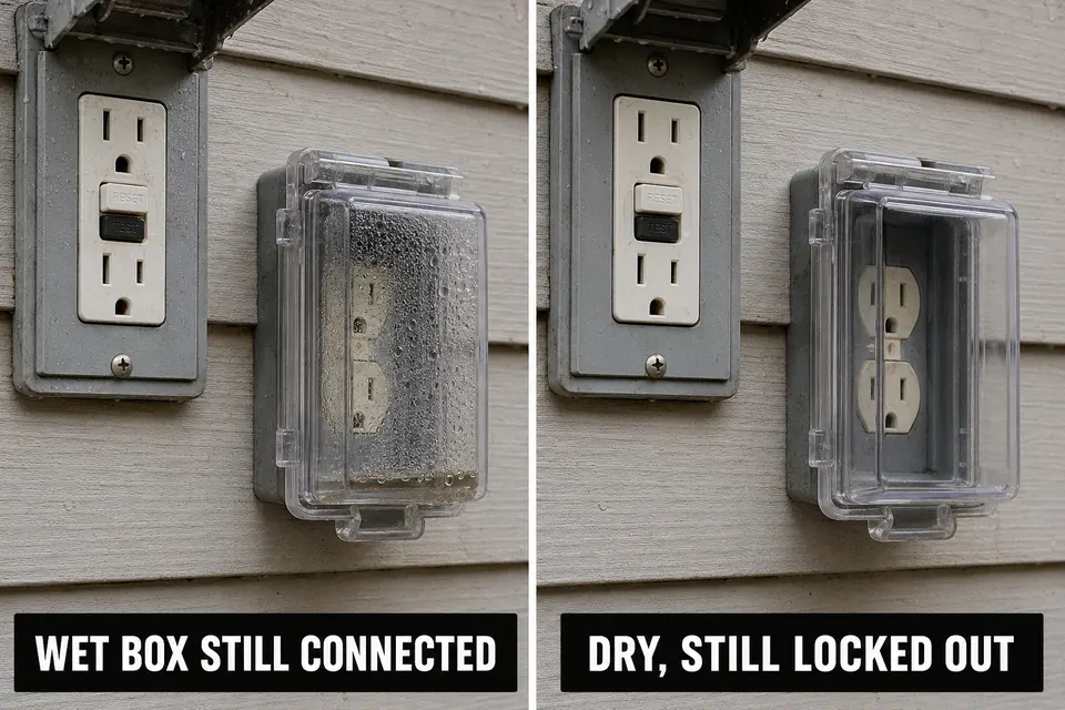 Comparison of a wet downstream outdoor outlet and a dry GFCI that remains locked out.