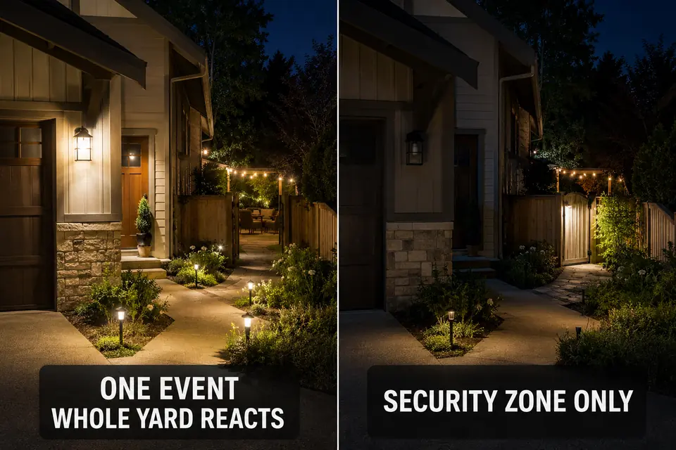 One side-gate motion event activating the whole yard compared with a contained security-zone response.