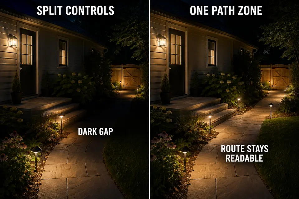 Fragmented walkway controls leaving a dark gap compared with one continuous path lighting zone.