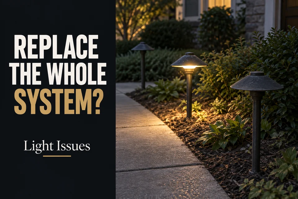 Mismatched aging landscape lights leaving dark sections along a residential front walkway.