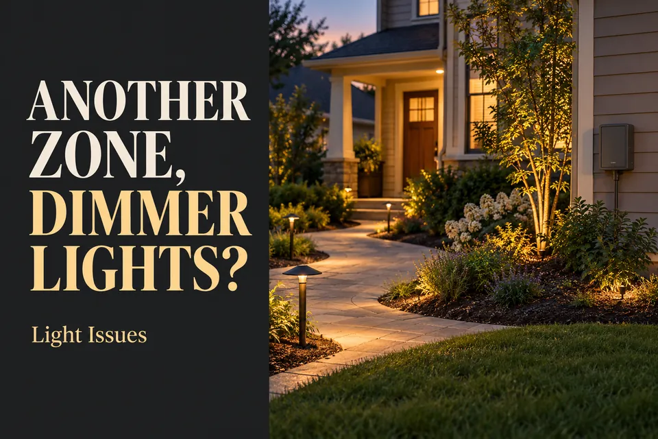 Path and planting-bed lighting beside a shared landscape transformer at dusk.