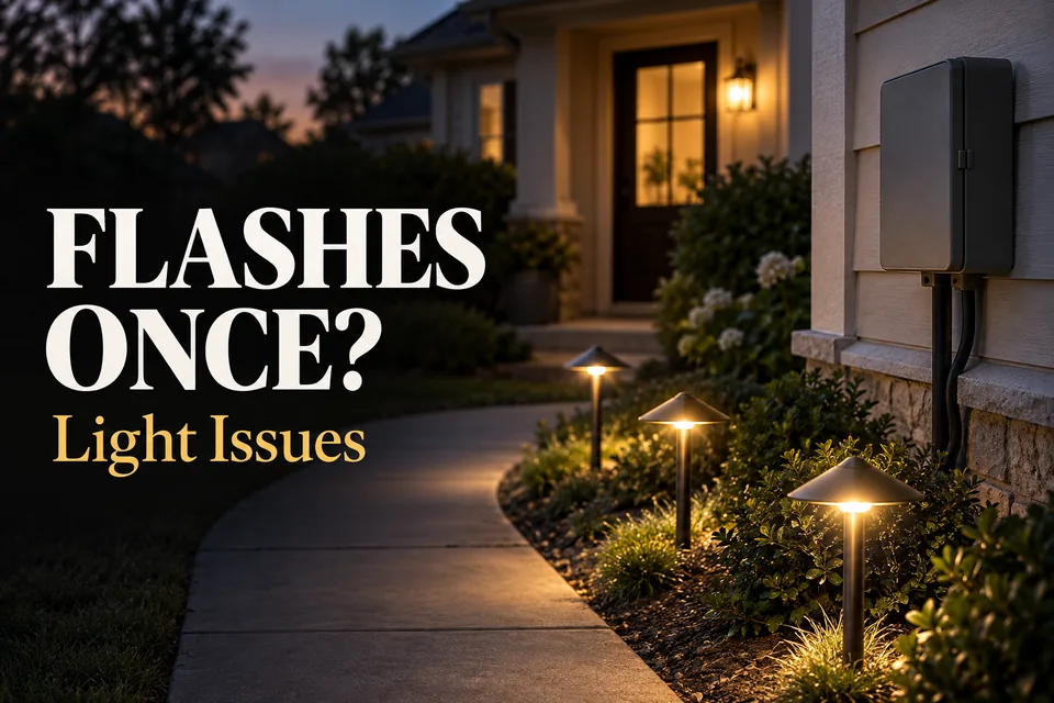 Landscape path lights briefly flash when their wall-mounted transformer turns on.