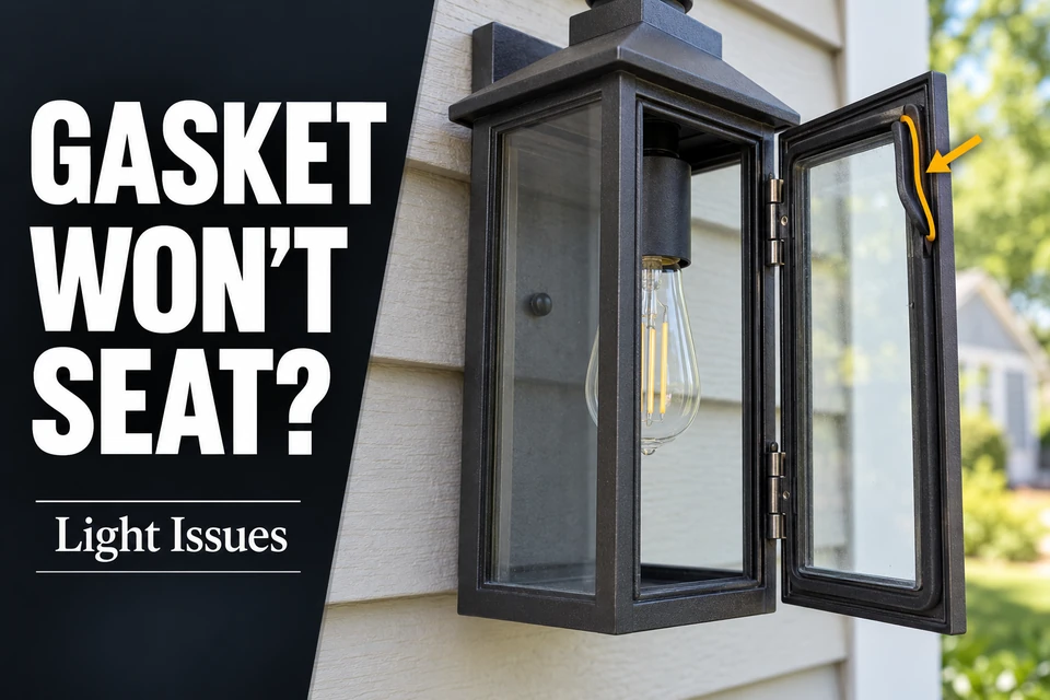 Outdoor light gasket lifted from its receiving channel beside an open glass cover.