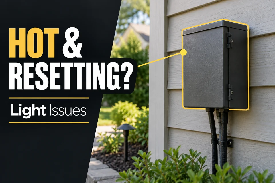 Closed landscape-lighting transformer mounted on an exterior wall with its housing highlighted.