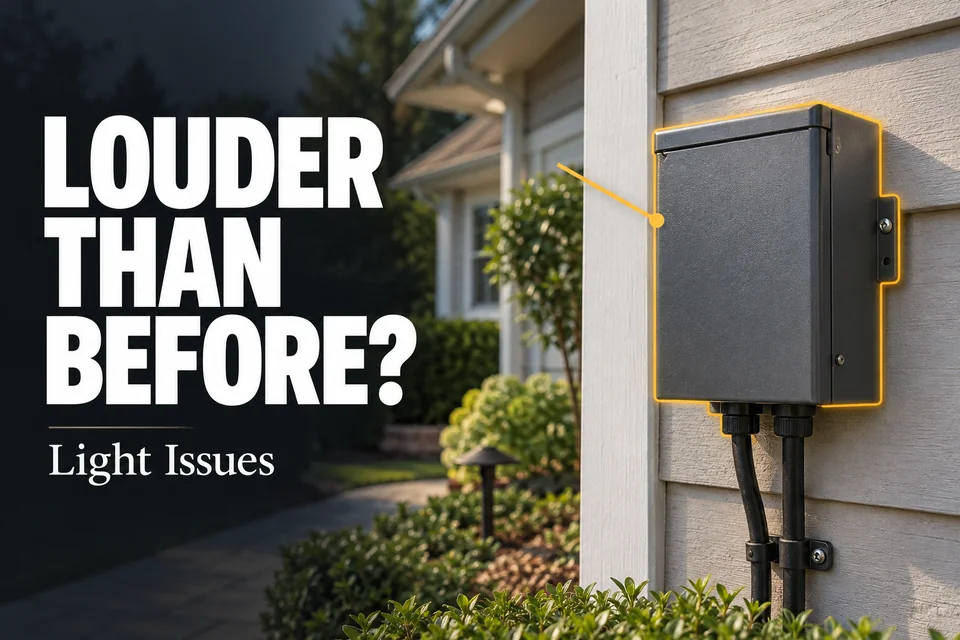 Closed landscape-lighting transformer mounted on an exterior wall, with its housing highlighted.