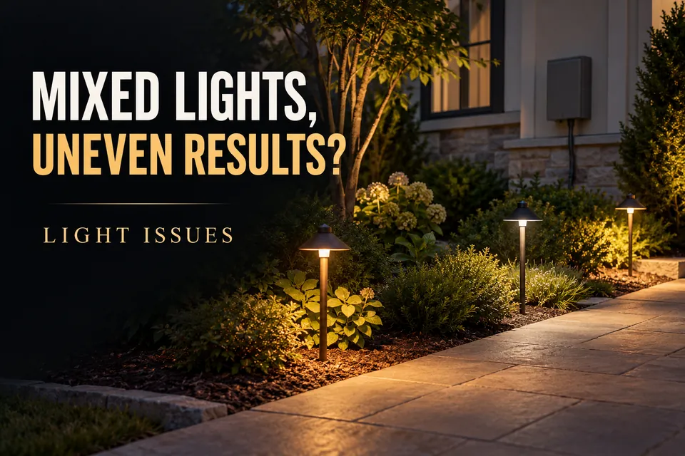 Mixed LED and halogen landscape lights producing uneven light color and brightness beside a residential walkway.
