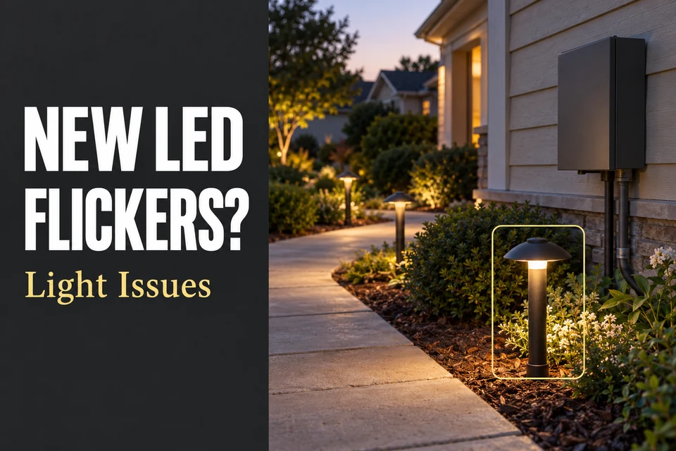 New LED path fixture beside established landscape lights and an older wall-mounted transformer.