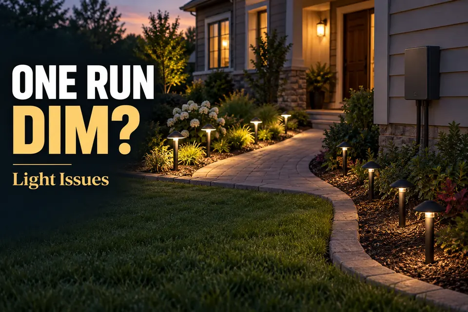 Two landscape lighting runs at one home, with one group of path lights visibly dimmer than the other.