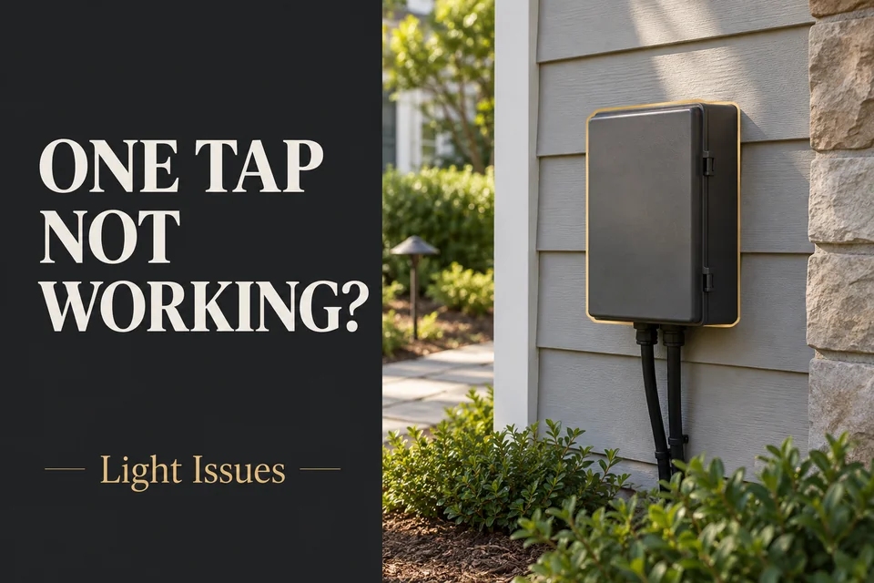 Closed wall-mounted landscape-lighting transformer beside the title “One Tap Not Working?”