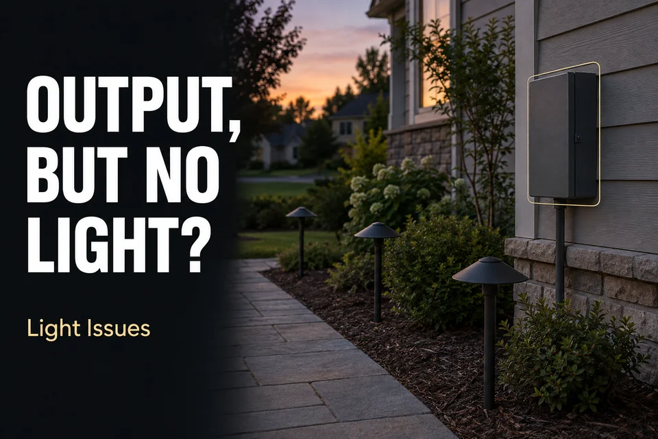 Closed landscape-lighting transformer beside a residential walkway with all path lights off.