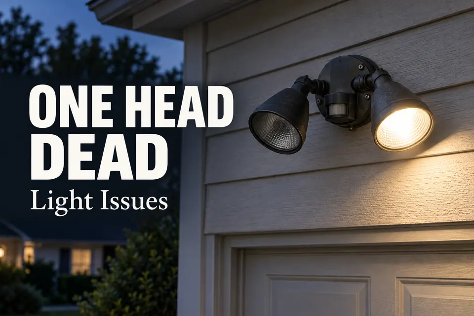 Dual-head outdoor floodlight with one illuminated head and one dead head on the same mounting base.