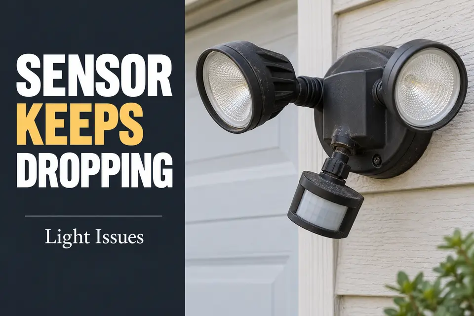 Outdoor motion-sensor head sagging downward at its adjustable aiming joint.