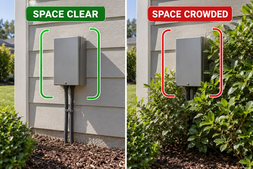 Matched transformer installations with open surrounding space on the left and vegetation crowding the enclosure on the right.