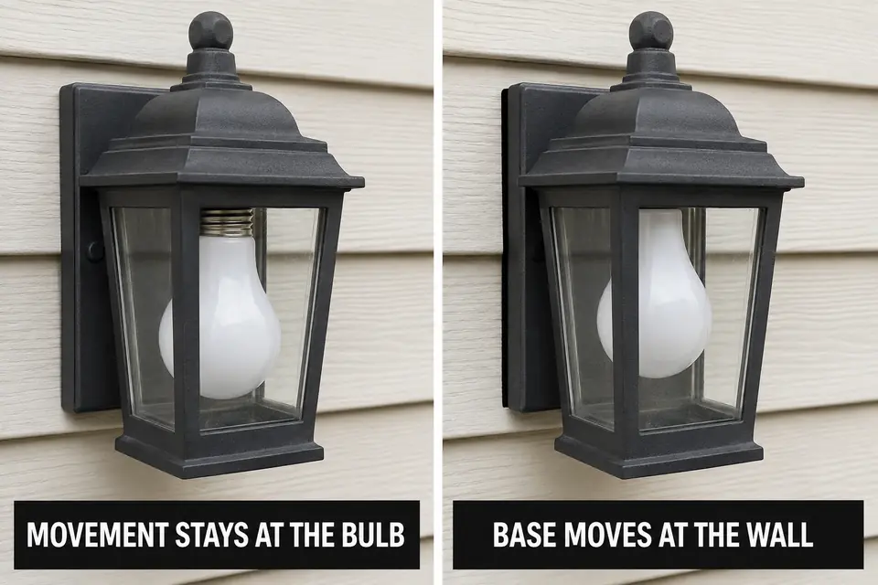 Power-off comparison of a slightly unseated bulb and an exterior light base separating from the wall.