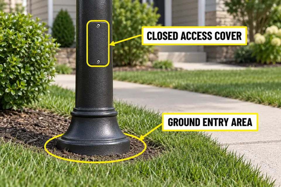 Lower post-light pole with its closed access cover and ground-entry area highlighted.