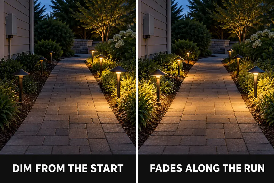 Comparison of a landscape lighting run dim from its first fixture and a run that fades toward its far end.
