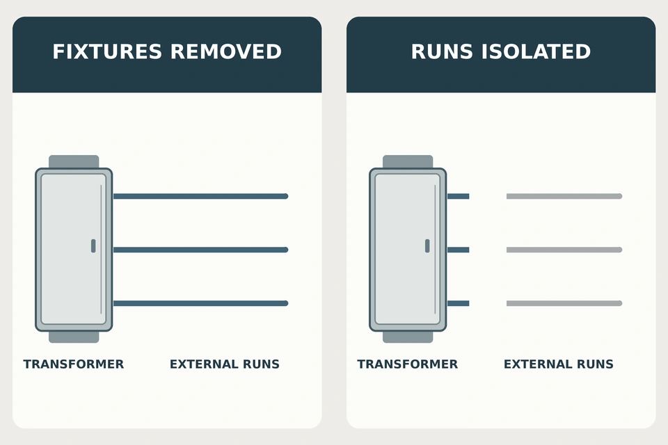 Diagram comparing external cables left connected after fixture removal with all external runs isolated from a transformer.
