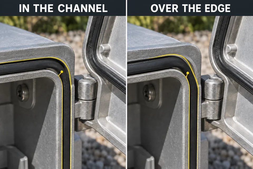 Matching outdoor light gaskets seated inside the channel and displaced over the channel edge.