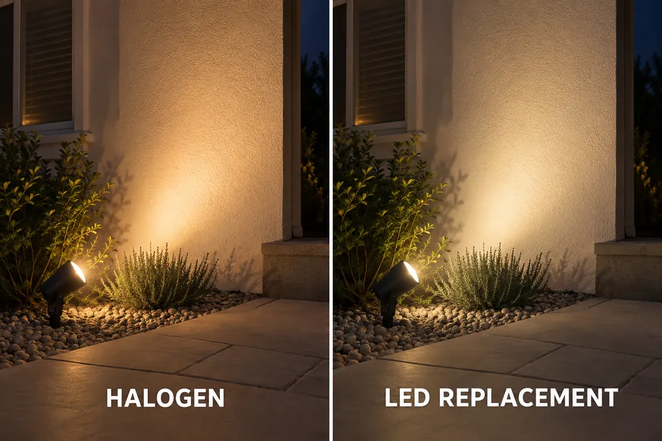 Halogen and warm-white LED illumination showing modest differences in tint and beam shape on the same surface.