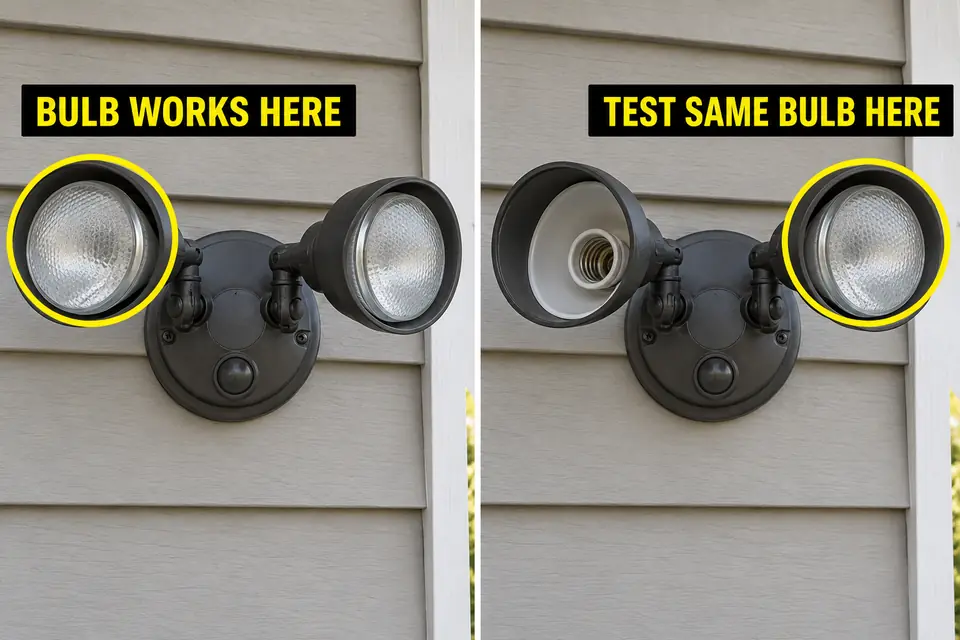 Known-working floodlight bulb moved into the socket on the dead side for a controlled comparison.