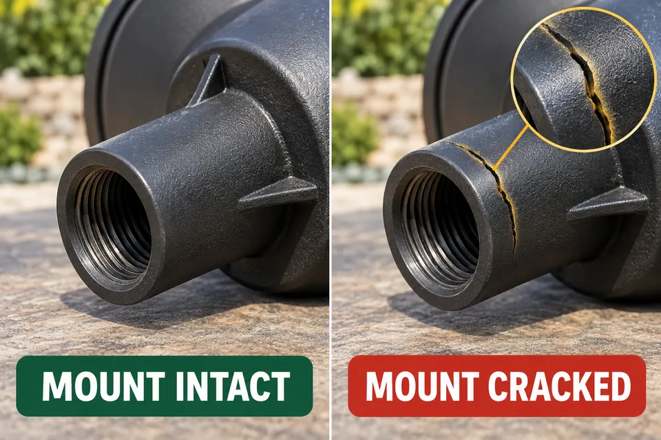 Intact path-light stake attachment compared with a cracked fixture mounting boss.