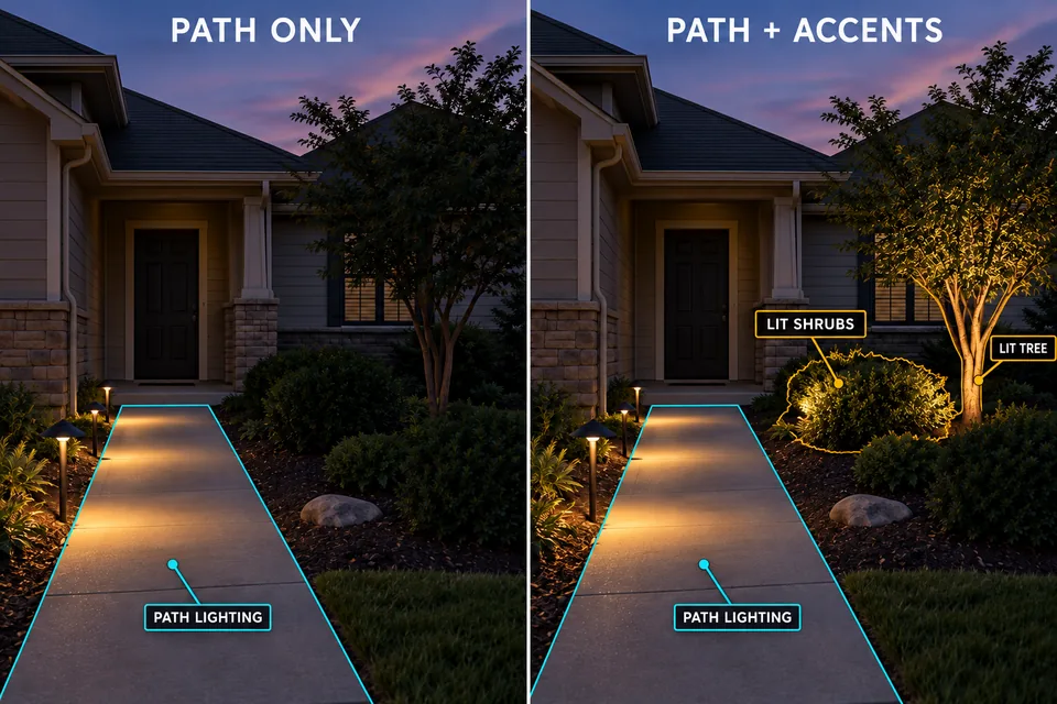 Walkway-only lighting compared with the same walkway plus separate shrub and tree accent lights.
