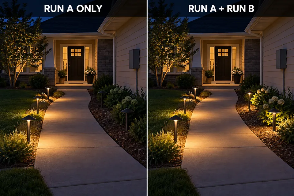 The same landscape lighting installation with Run A illuminated, then Run A and Run B illuminated together.