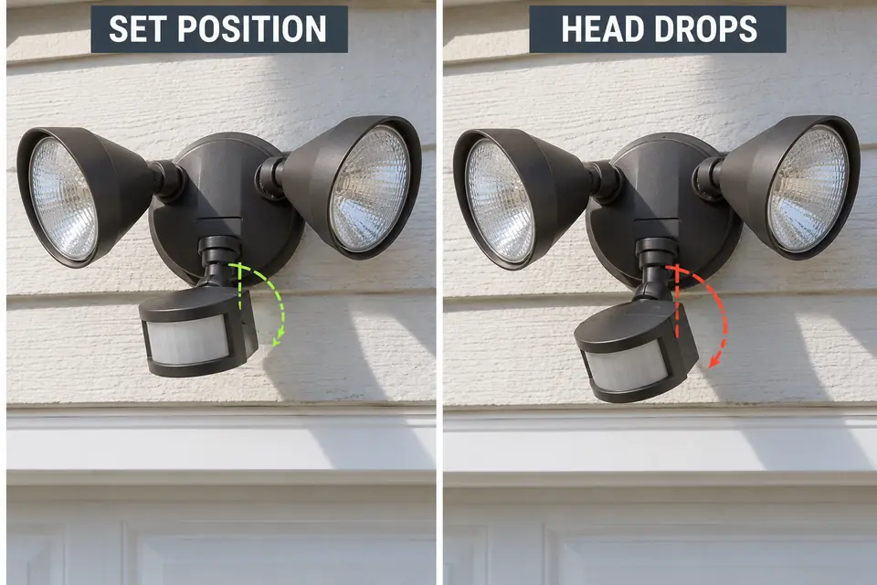 Matched views showing a motion-sensor head at its set angle and after the joint allows it to drop.