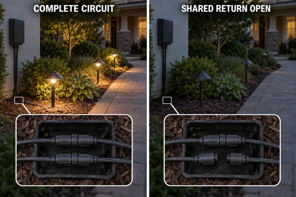 Three parallel lights on a complete circuit compared with the same lights disconnected by an open shared return.