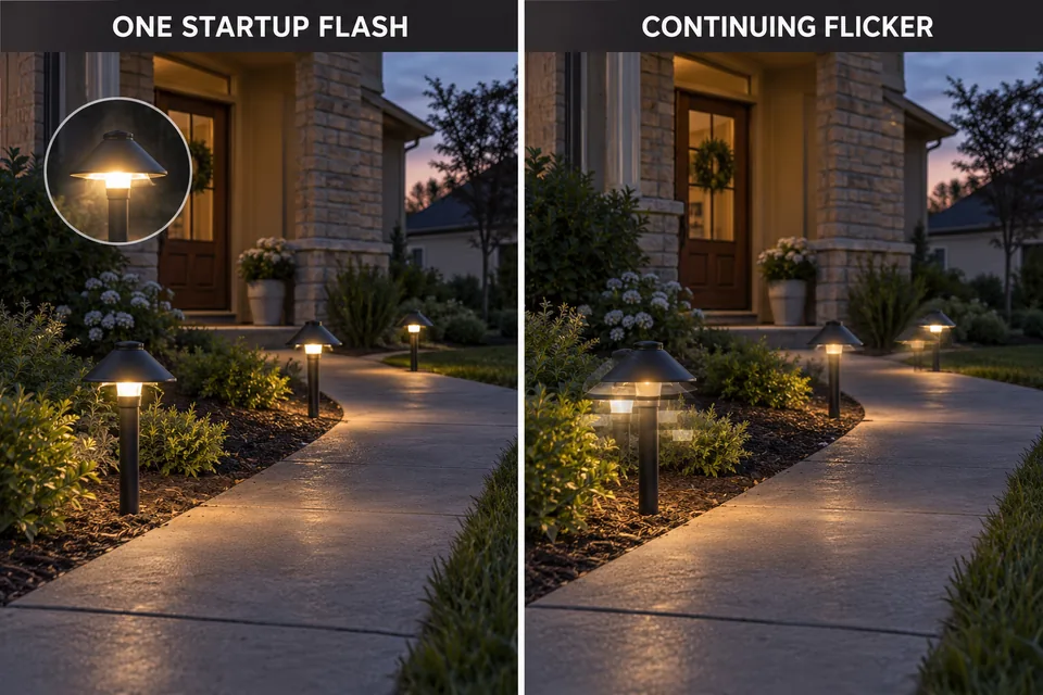 A single landscape-light flash at startup compared with flicker that continues after the lights turn on.